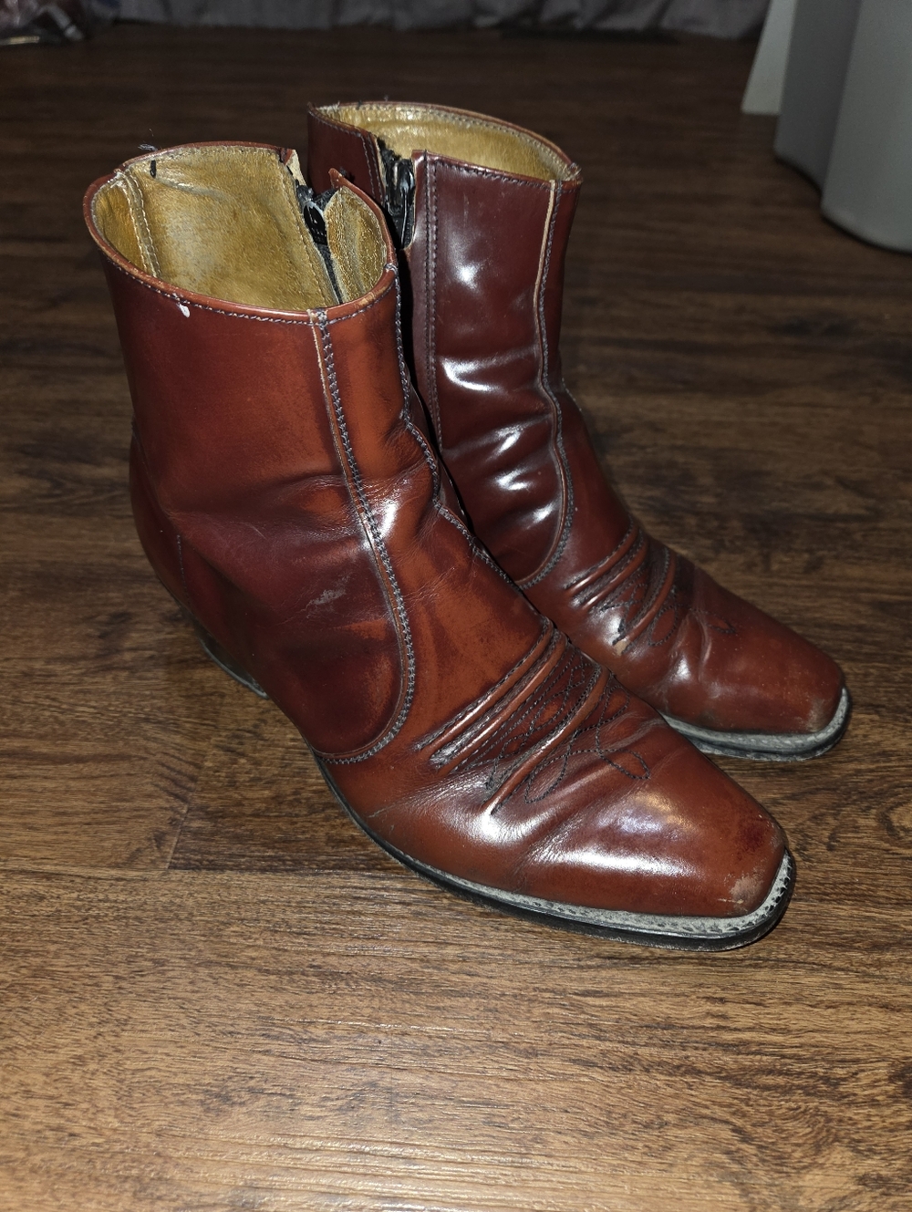 Vintage 70s Square Toe Ox Blood Leather Side Zip Boots M 8.5 W 10
